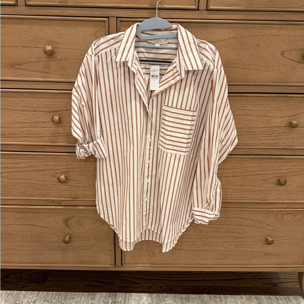 LOFT White Shirt with Rust-Orange Stripes